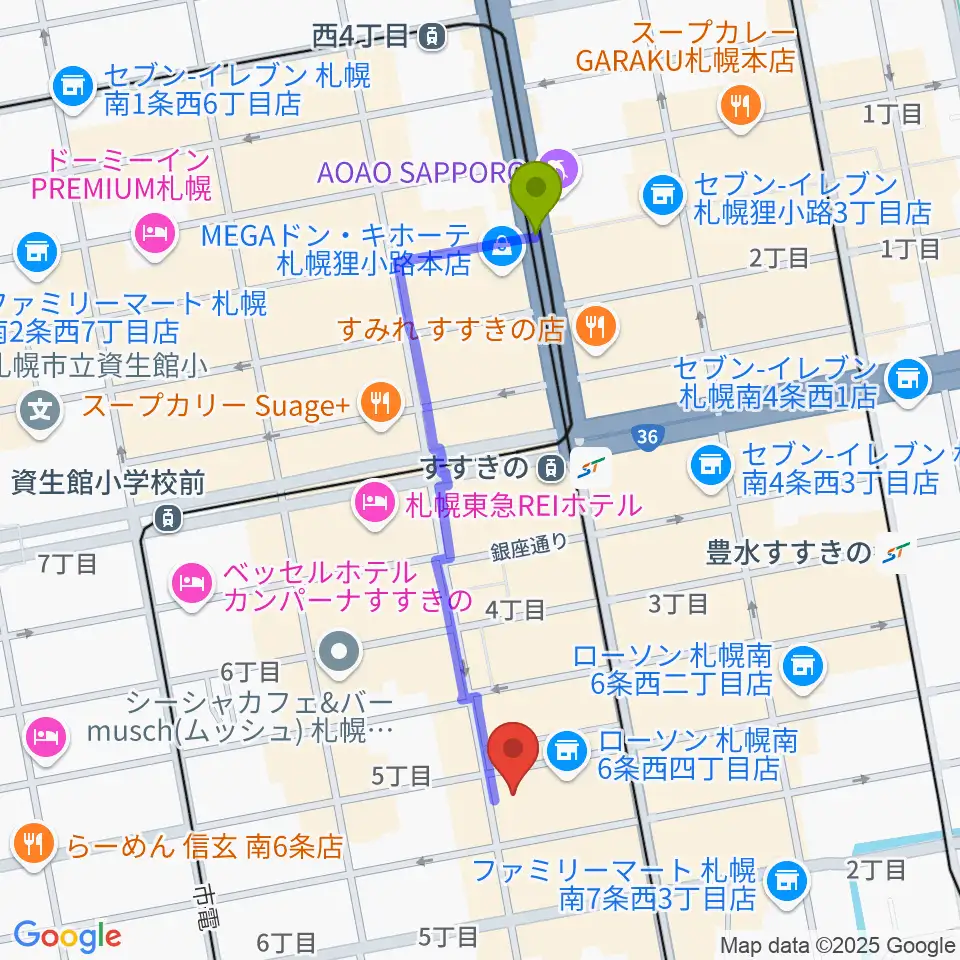 狸小路駅から札幌クレイジーモンキーへのルートマップ地図