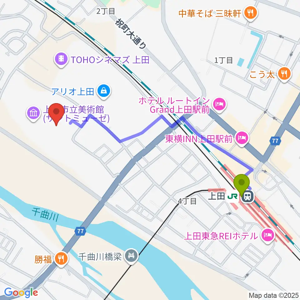 サントミューゼの最寄駅上田駅からの徒歩ルート（約10分）地図