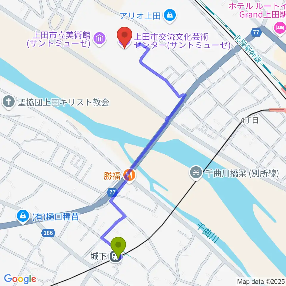 城下駅からサントミューゼ 上田市交流文化芸術センターへのルートマップ地図