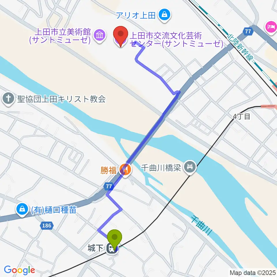城下駅からサントミューゼへのルートマップ地図