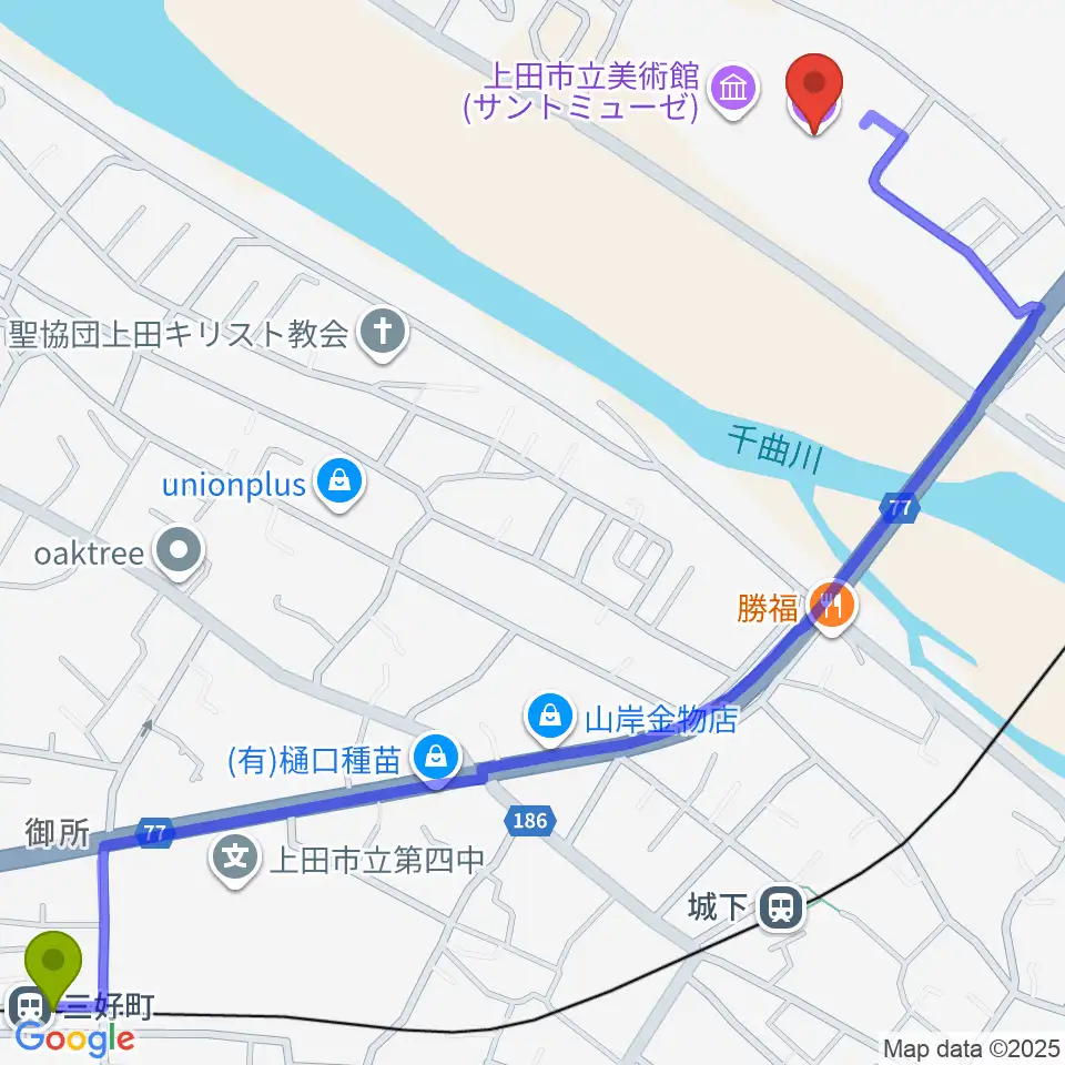 三好町駅からサントミューゼへのルートマップ地図