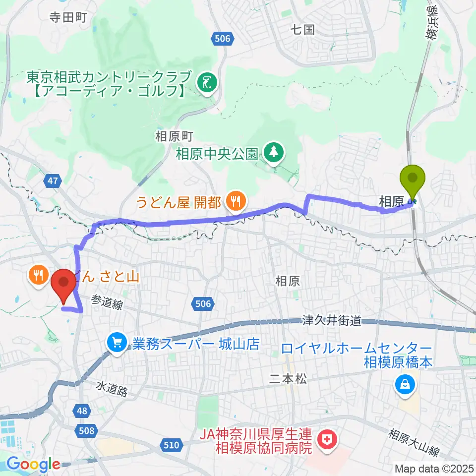 もみじホール城山の最寄駅相原駅からの徒歩ルート（約48分）地図