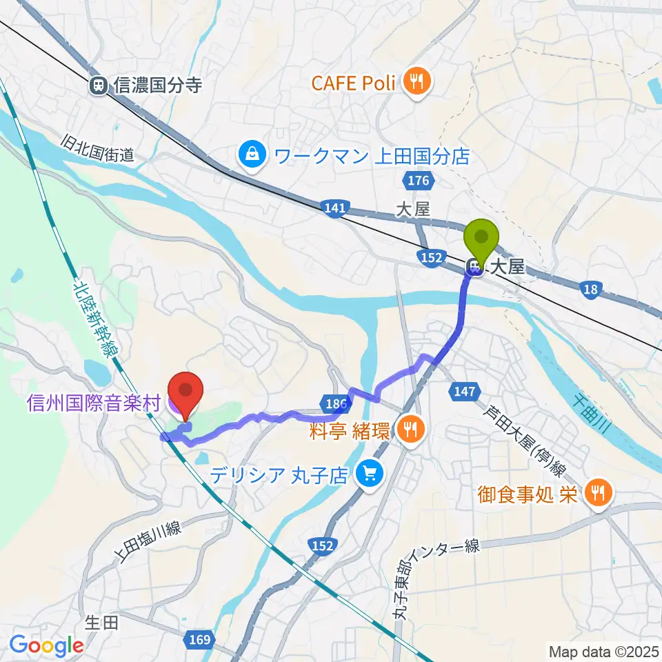 信州国際音楽村 ホールこだまの最寄駅大屋駅からの徒歩ルート（約31分）地図