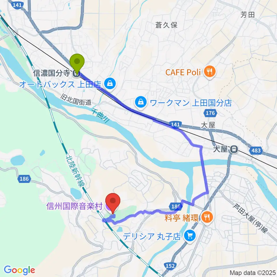 信濃国分寺駅から信州国際音楽村 ホールこだまへのルートマップ地図