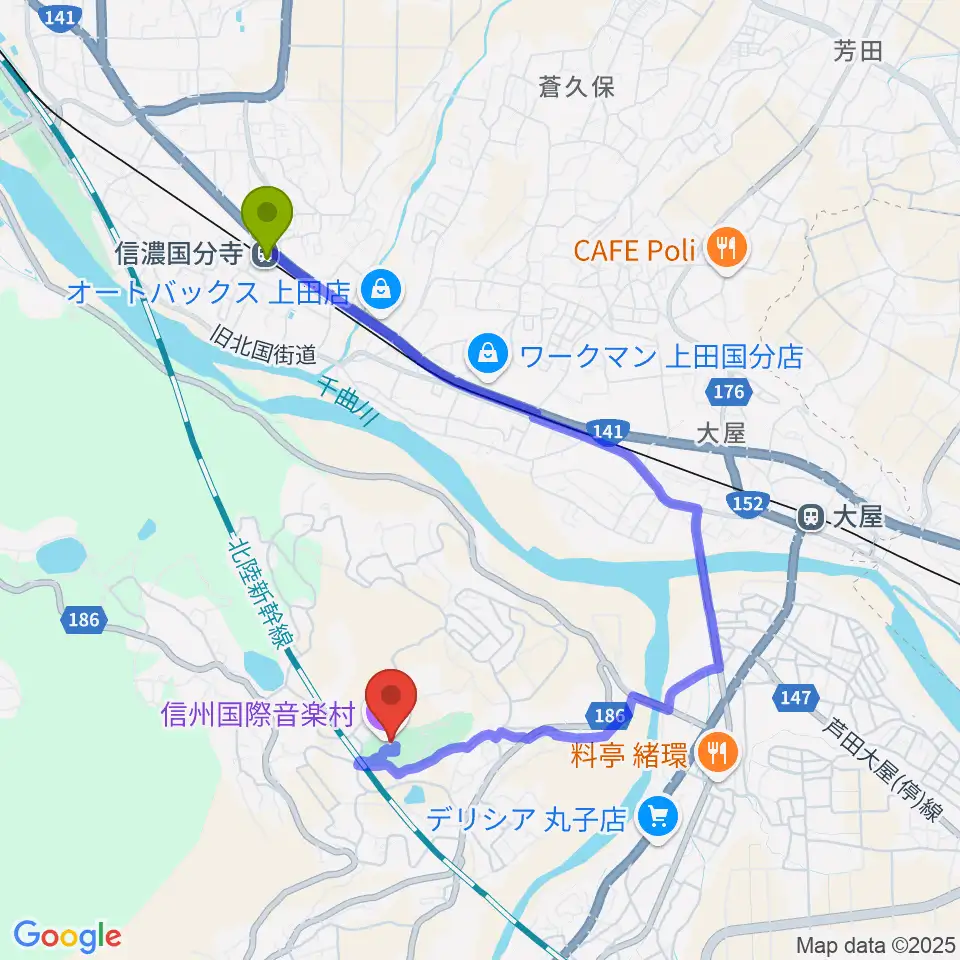信濃国分寺駅から信州国際音楽村 ホールこだまへのルートマップ地図