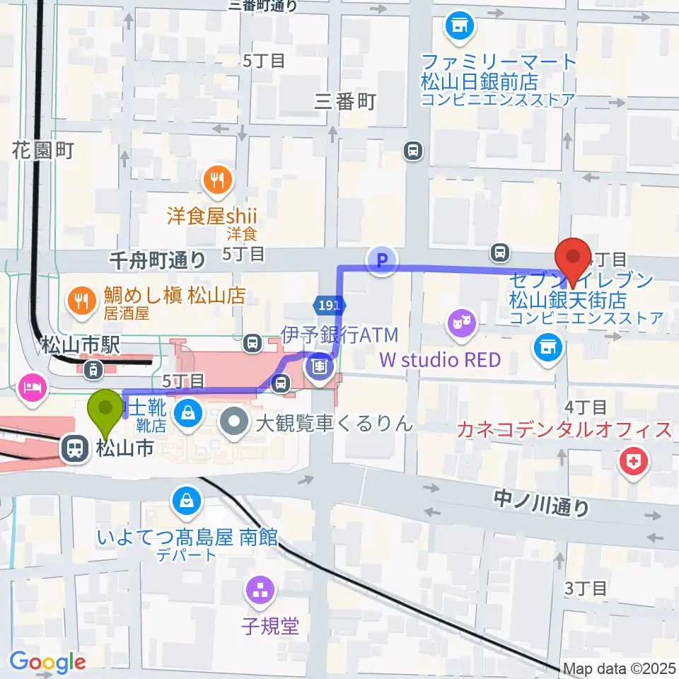 松山Double-u Studioの最寄駅松山市駅からの徒歩ルート（約6分）地図