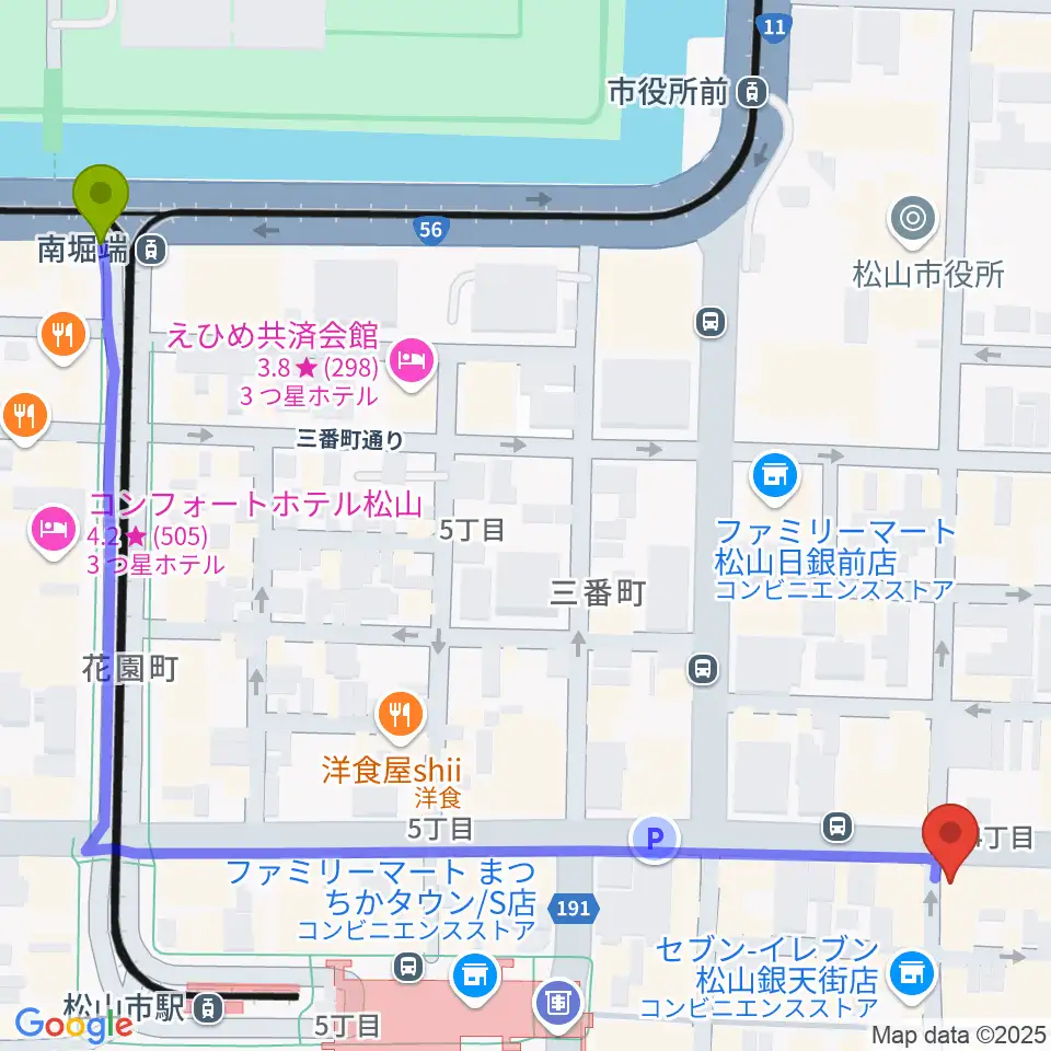 南堀端駅から松山Double-u Studioへのルートマップ地図