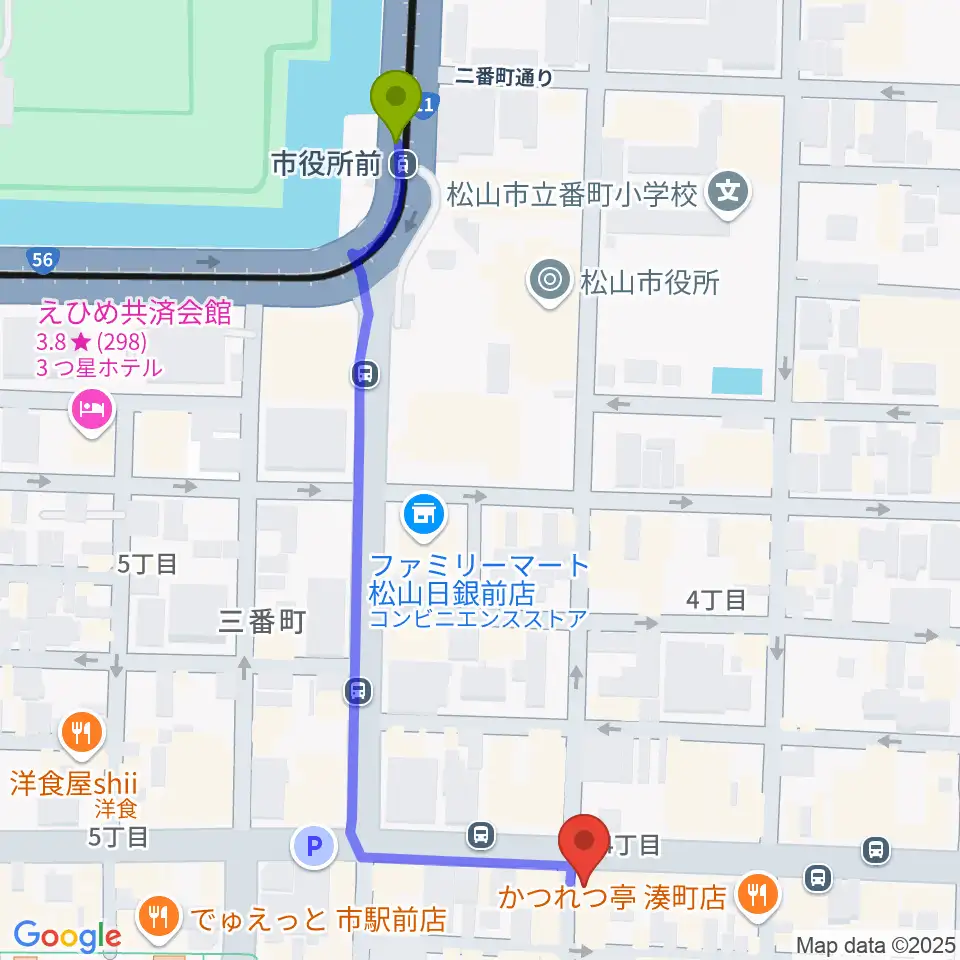 市役所前駅から松山Double-u Studioへのルートマップ地図