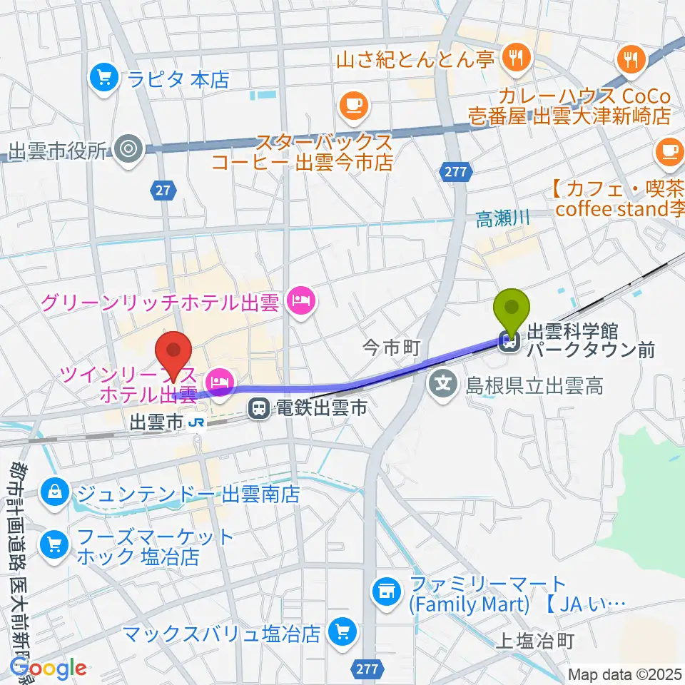 出雲科学館パークタウン前駅からパルメイト出雲へのルートマップ地図