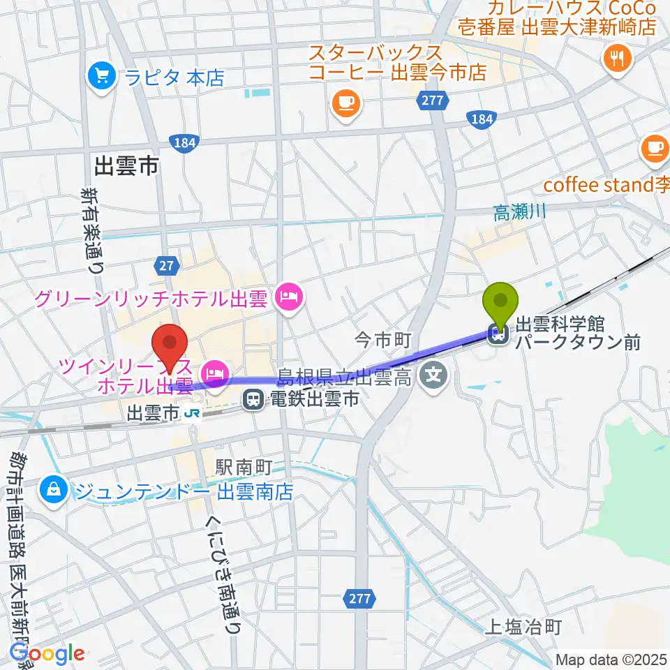 出雲科学館パークタウン前駅からパルメイト出雲へのルートマップ地図
