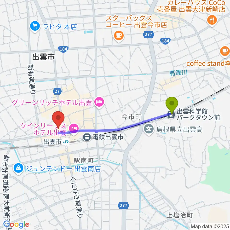 出雲科学館パークタウン前駅からパルメイト出雲へのルートマップ地図