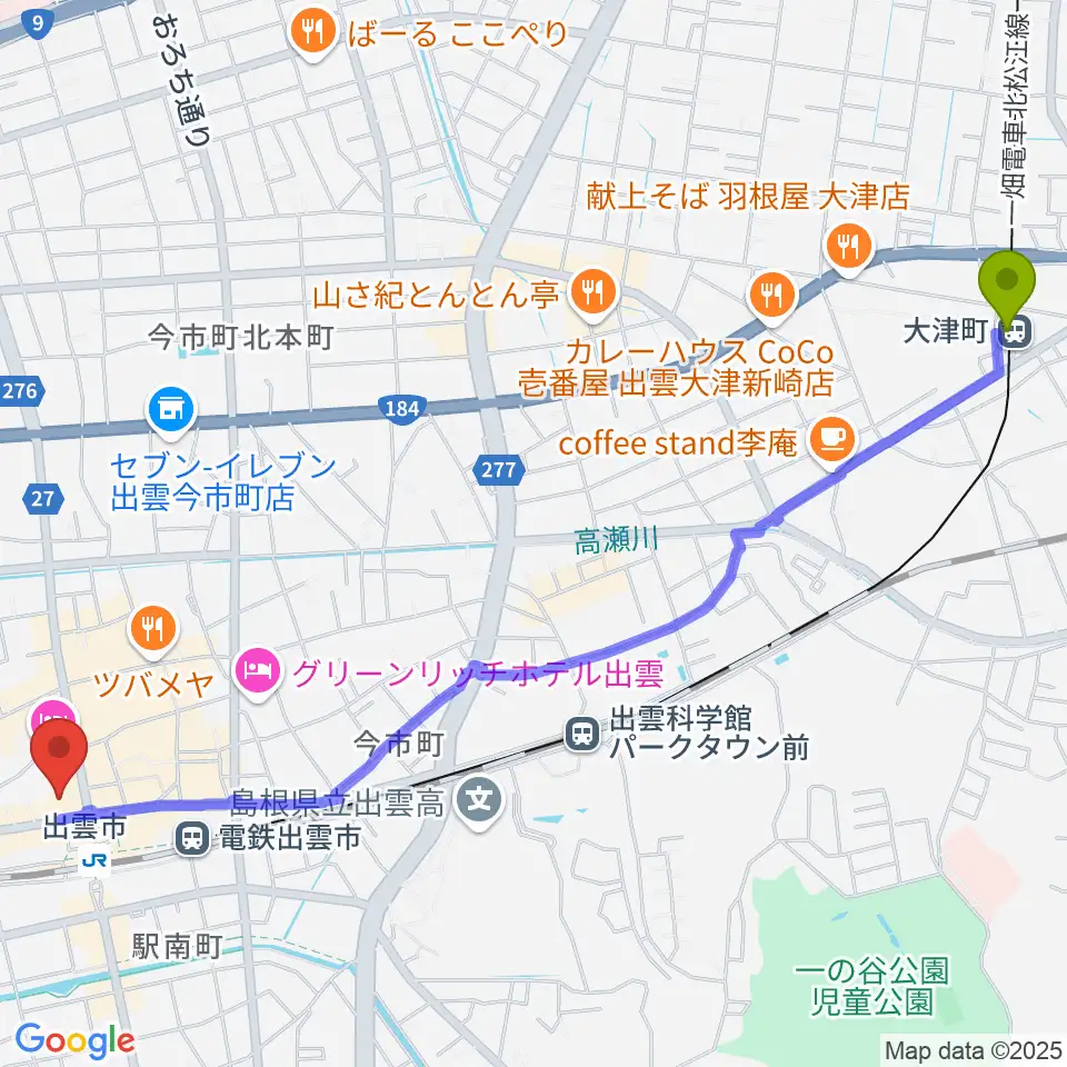 大津町駅からパルメイト出雲へのルートマップ地図