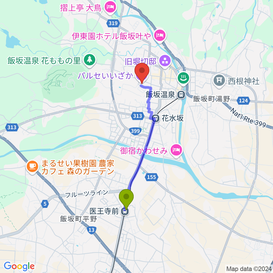 医王寺前駅からパルセいいざかへのルートマップ地図