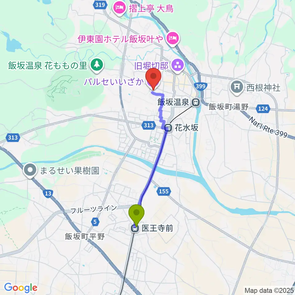 医王寺前駅からパルセいいざかへのルートマップ地図