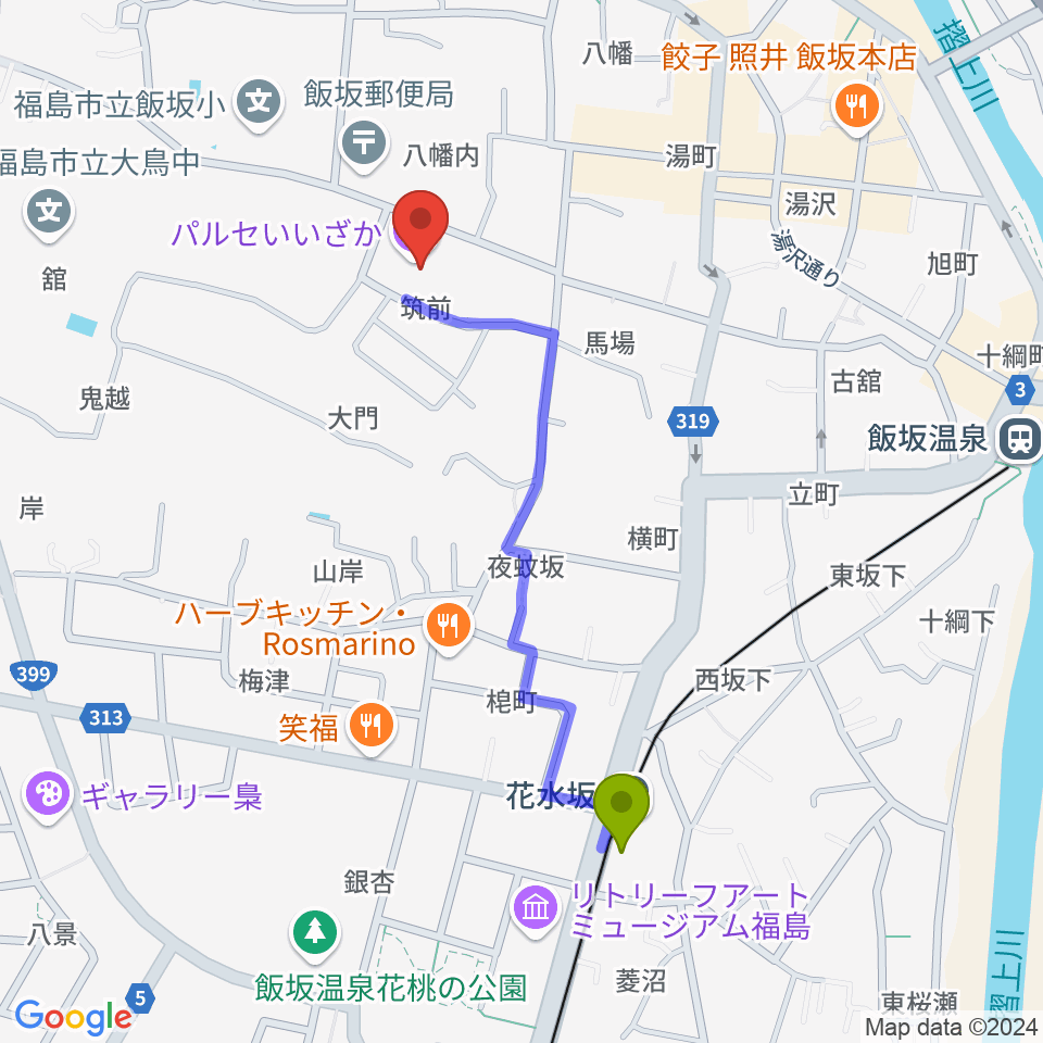 パルセいいざかの最寄駅花水坂駅からの徒歩ルート（約9分）地図