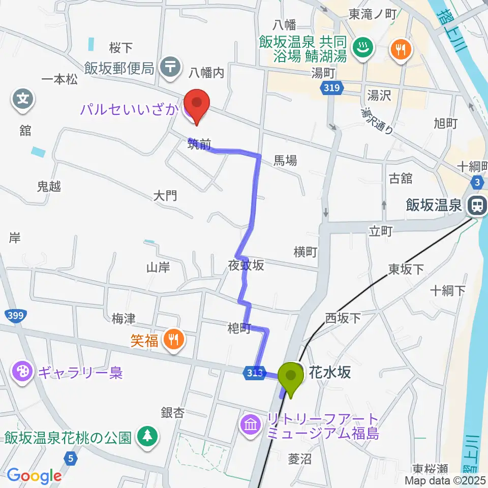 パルセいいざかの最寄駅花水坂駅からの徒歩ルート（約9分）地図