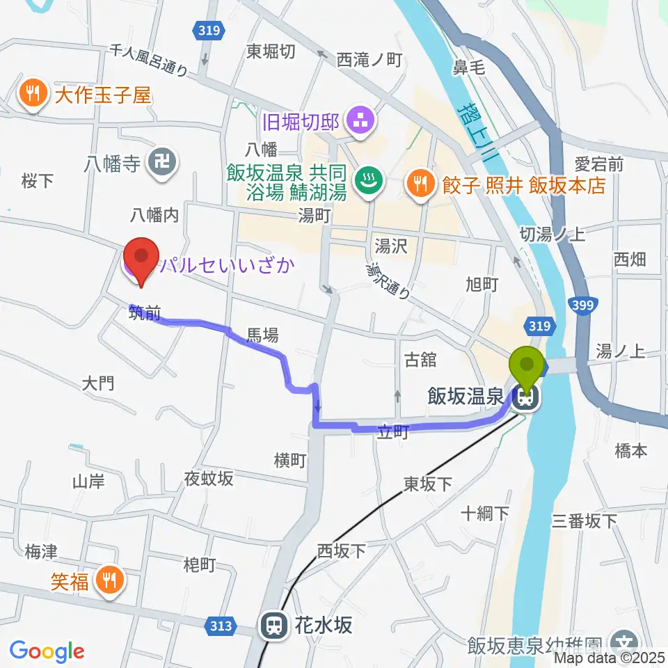 飯坂温泉駅からパルセいいざかへのルートマップ地図