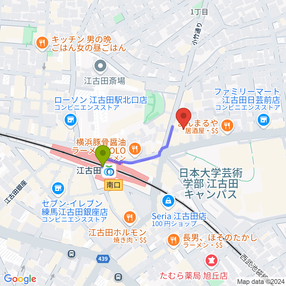 江古田クラブドロシーの最寄駅江古田駅からの徒歩ルート（約2分）地図