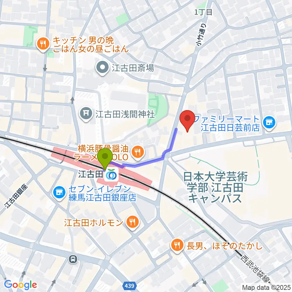 江古田クラブドロシーの最寄駅江古田駅からの徒歩ルート（約2分）地図