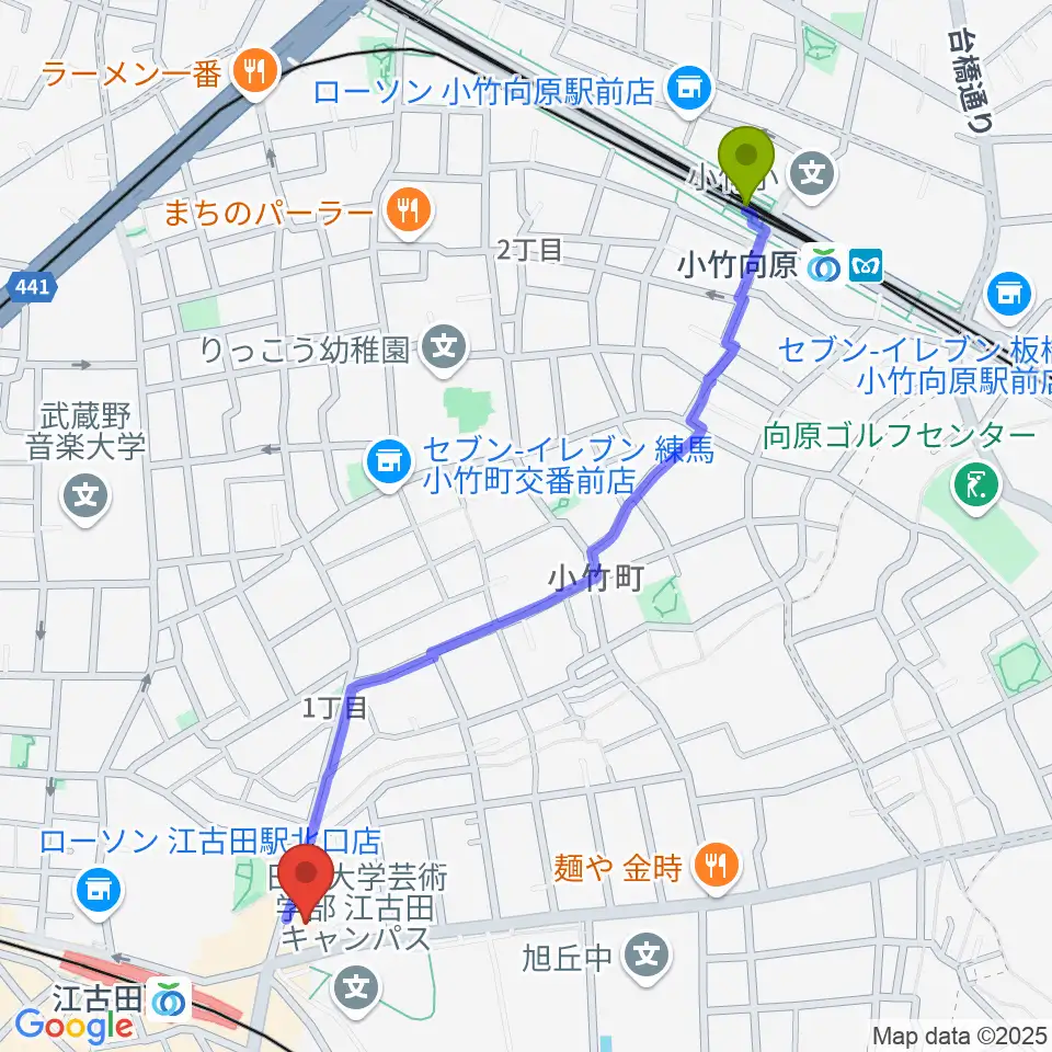 小竹向原駅から江古田クラブドロシーへのルートマップ地図