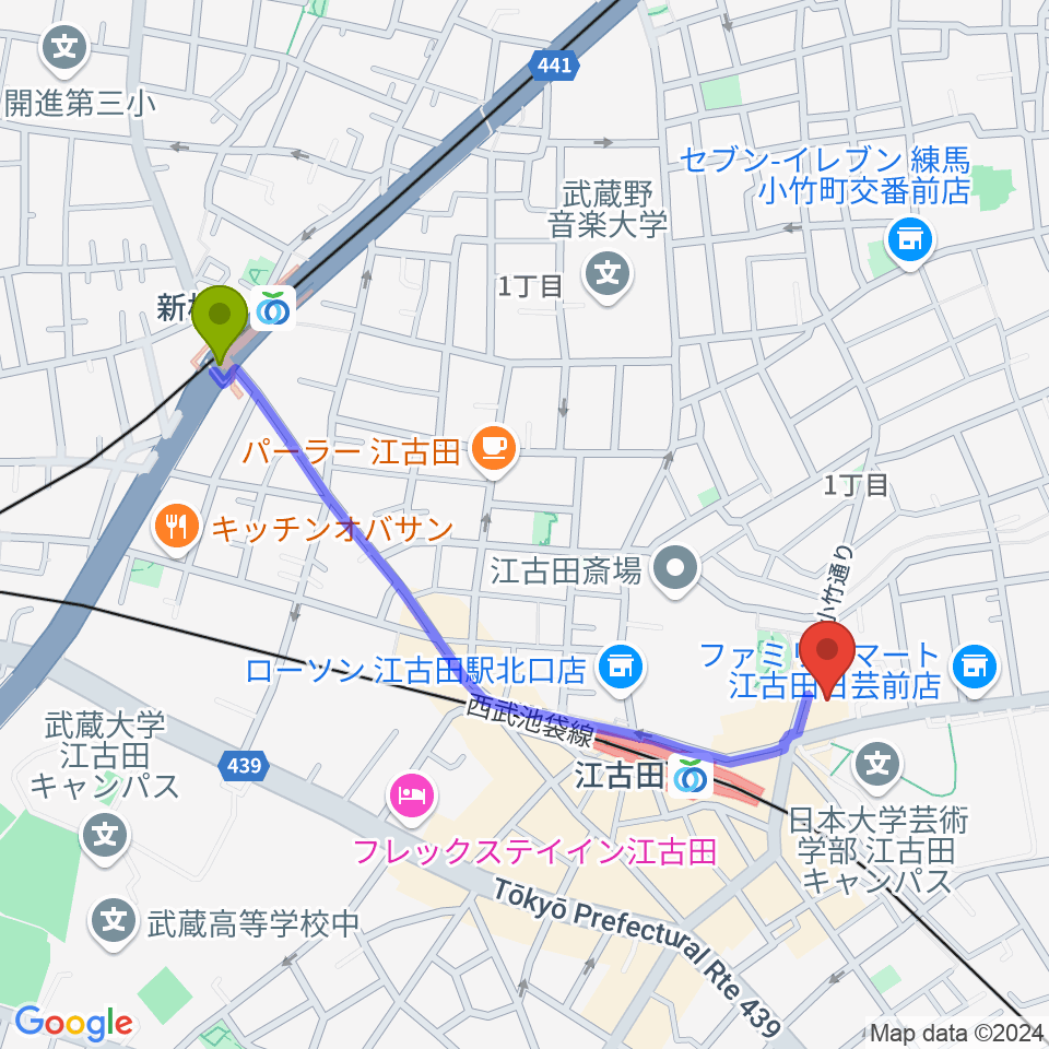 新桜台駅から江古田クラブドロシーへのルートマップ地図