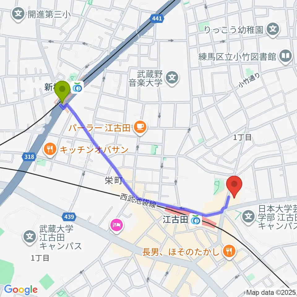 新桜台駅から江古田クラブドロシーへのルートマップ地図