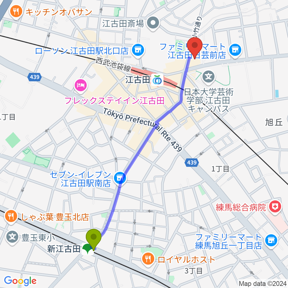 新江古田駅から江古田クラブドロシーへのルートマップ地図