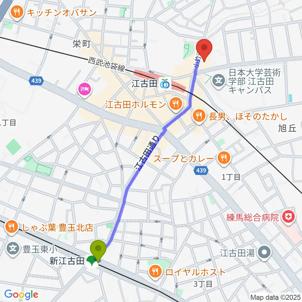 新江古田駅から江古田クラブドロシーへのルートマップ地図