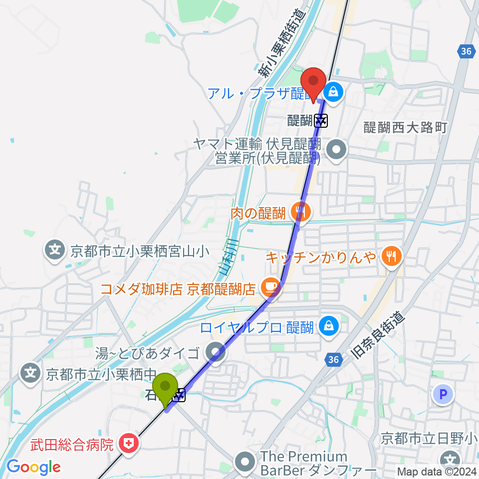 石田駅から京都市醍醐交流会館へのルートマップ地図