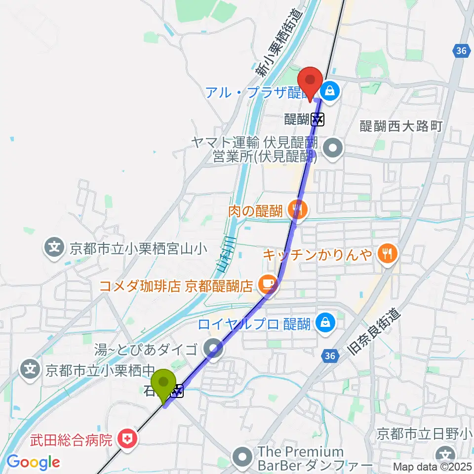 石田駅から京都市醍醐交流会館へのルートマップ地図