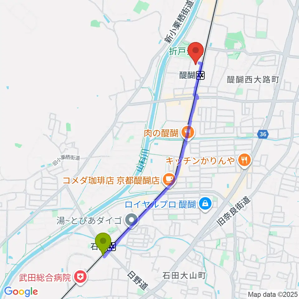 石田駅から京都市醍醐交流会館へのルートマップ地図