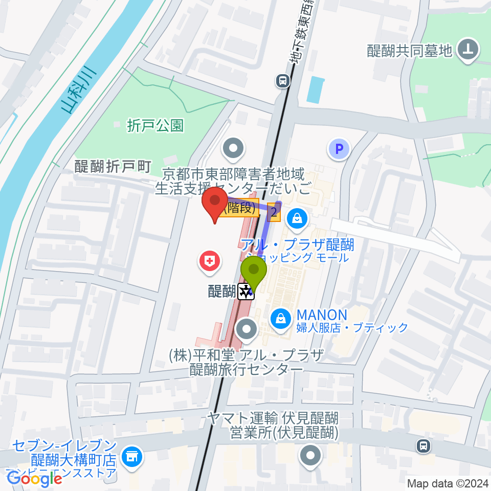 京都市醍醐交流会館の最寄駅醍醐駅からの徒歩ルート（約1分）地図