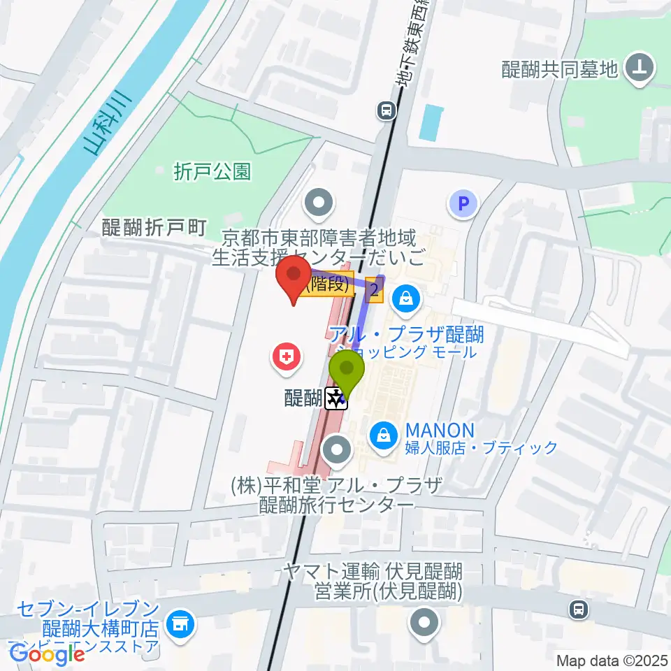 京都市醍醐交流会館の最寄駅醍醐駅からの徒歩ルート（約1分）地図