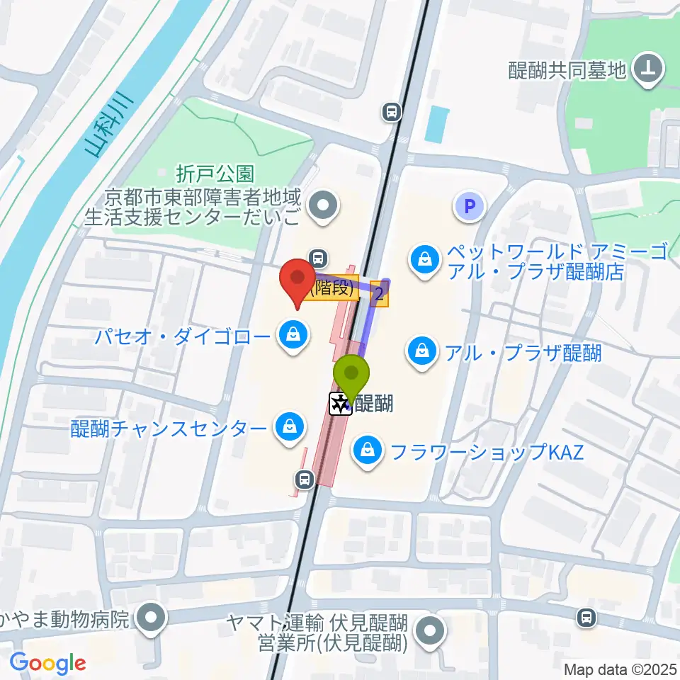 京都市醍醐交流会館の最寄駅醍醐駅からの徒歩ルート（約1分）地図