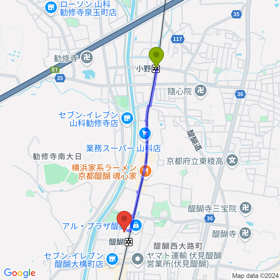 小野駅から京都市醍醐交流会館へのルートマップ地図