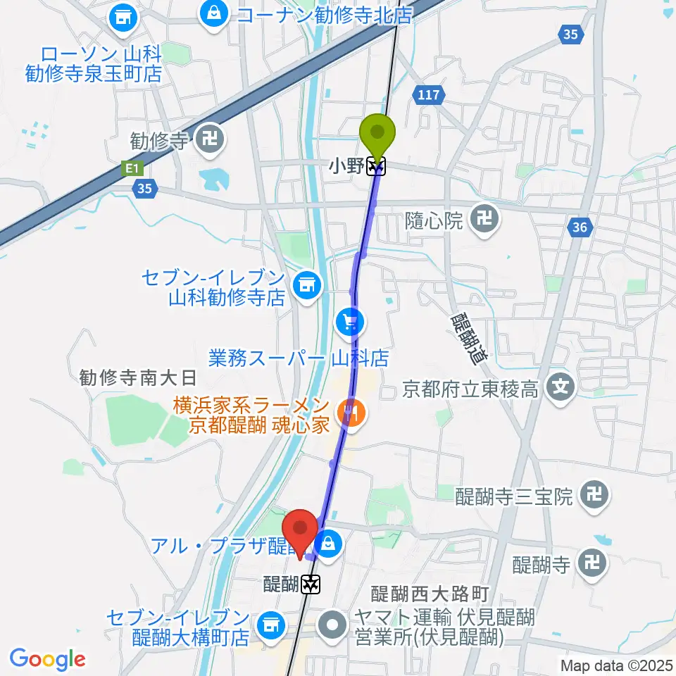 小野駅から京都市醍醐交流会館へのルートマップ地図