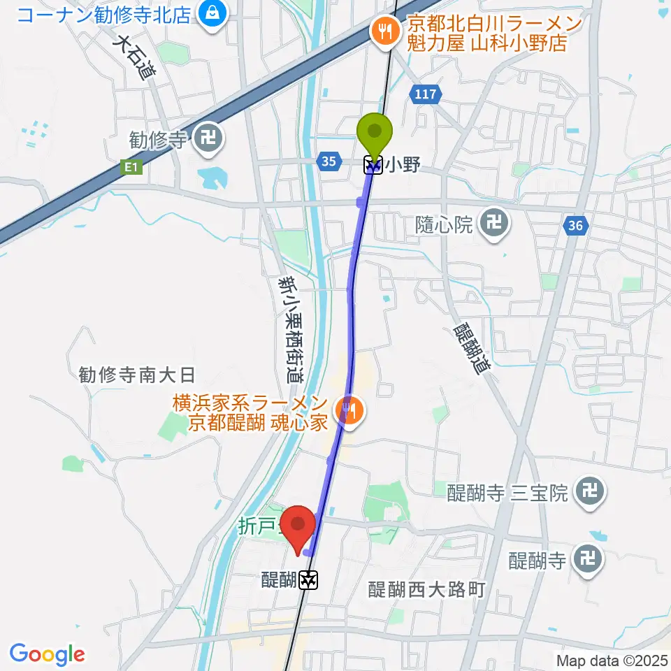 小野駅から京都市醍醐交流会館へのルートマップ地図