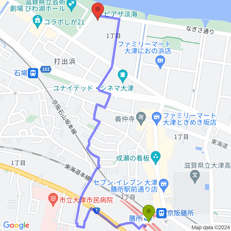 膳所駅からピアザ淡海 ピアザホールへのルートマップ地図