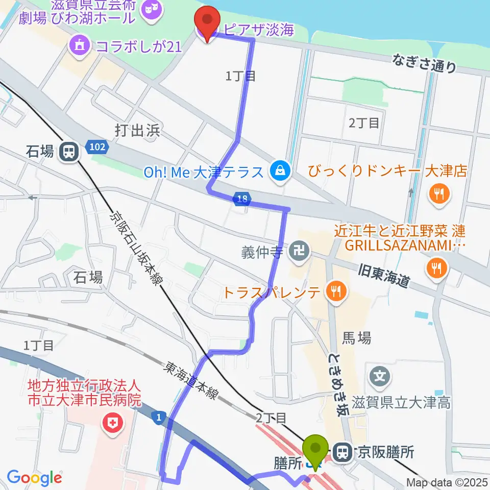 膳所駅からピアザ淡海 ピアザホールへのルートマップ地図