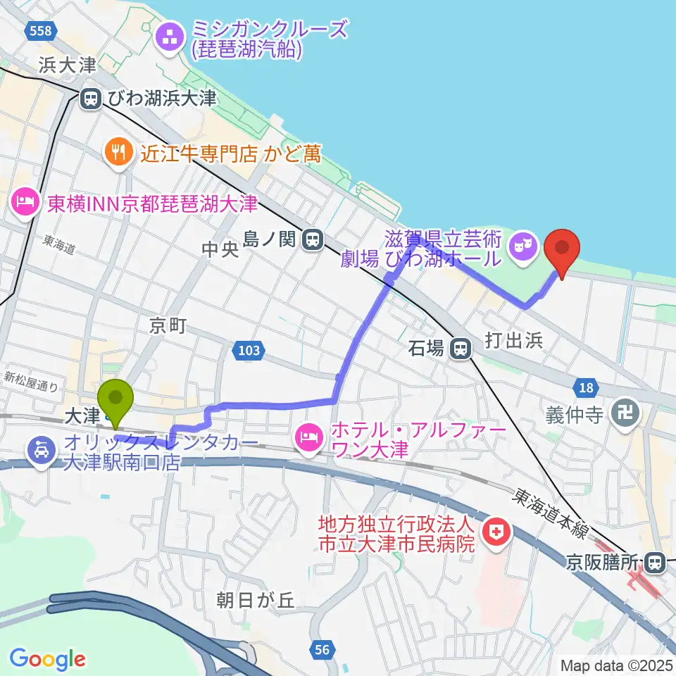 大津駅からピアザ淡海 ピアザホールへのルートマップ地図