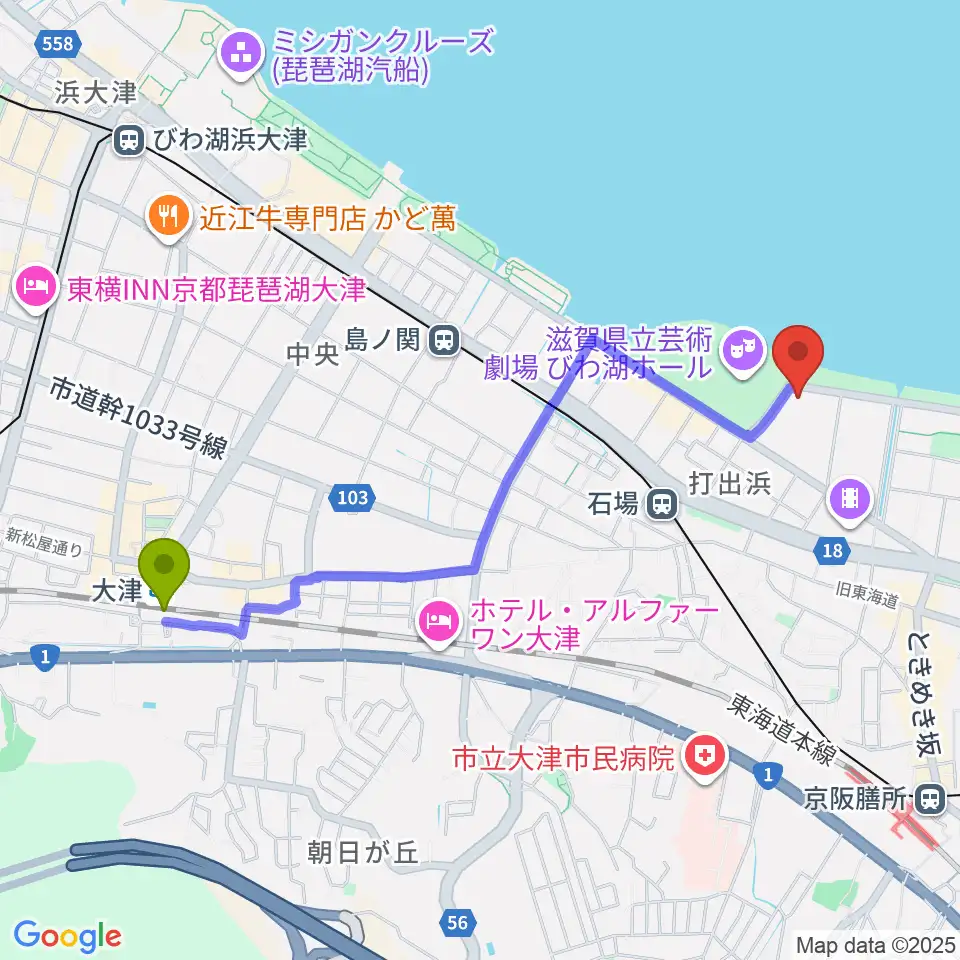 大津駅からピアザ淡海 ピアザホールへのルートマップ地図
