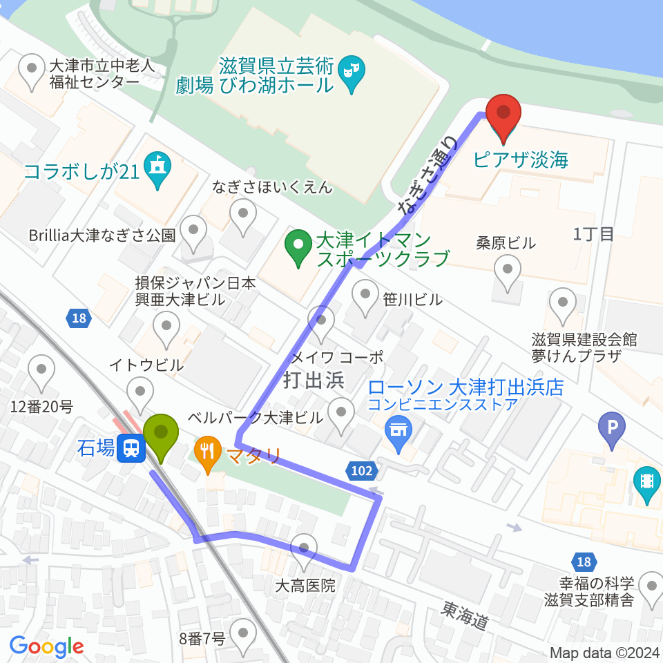 ピアザ淡海 ピアザホールの最寄駅石場駅からの徒歩ルート（約6分）地図