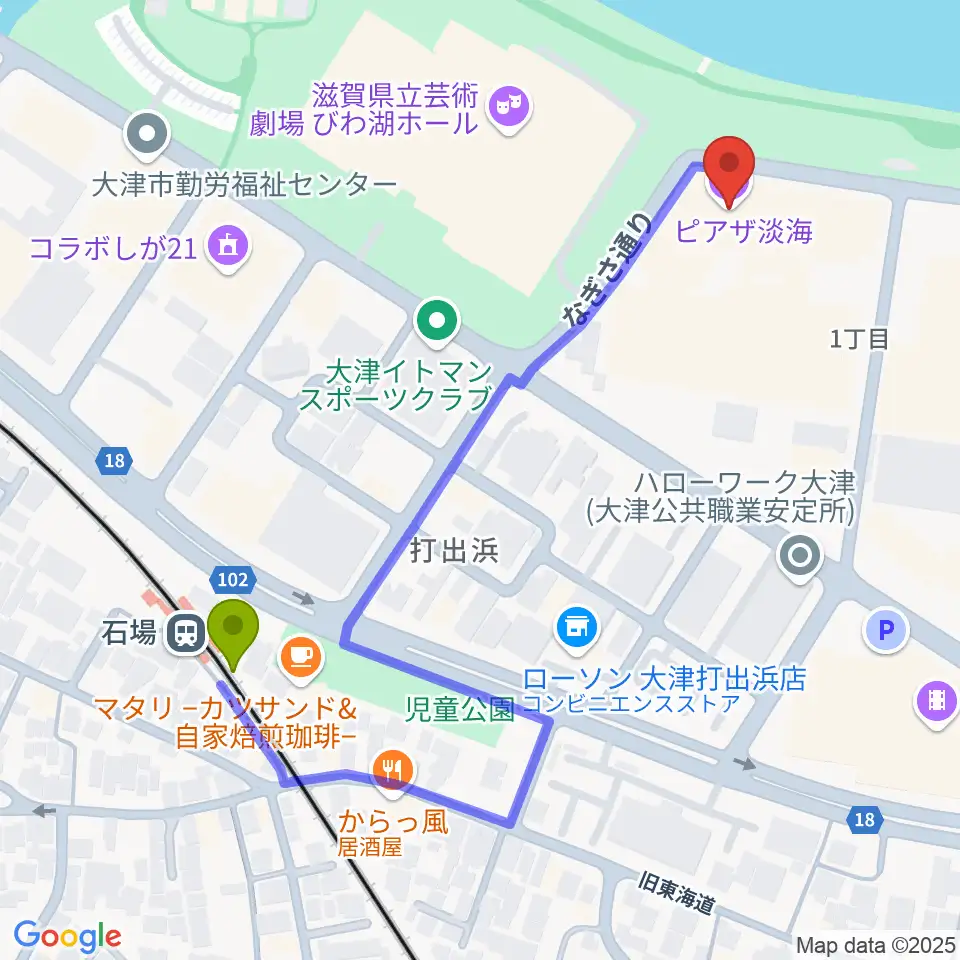ピアザ淡海 ピアザホールの最寄駅石場駅からの徒歩ルート（約6分）地図