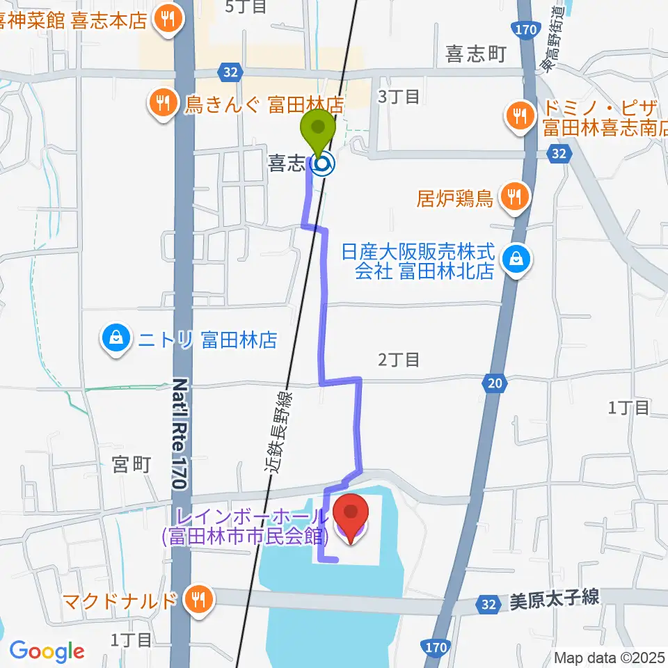 富田林市市民会館レインボーホールの最寄駅喜志駅からの徒歩ルート（約9分）地図