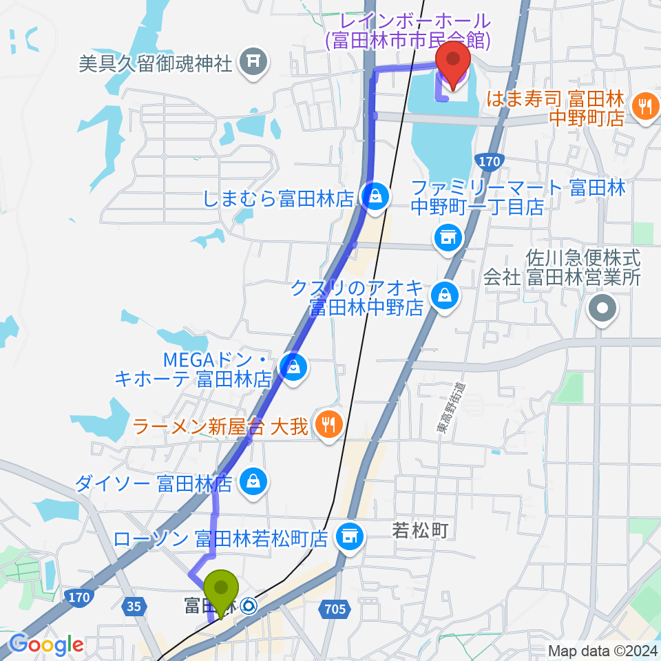 富田林駅から富田林市市民会館レインボーホールへのルートマップ地図