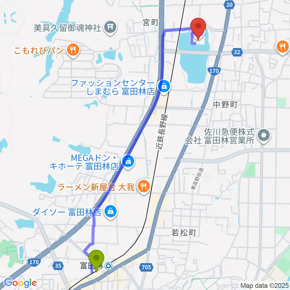 富田林駅から富田林市市民会館レインボーホールへのルートマップ地図