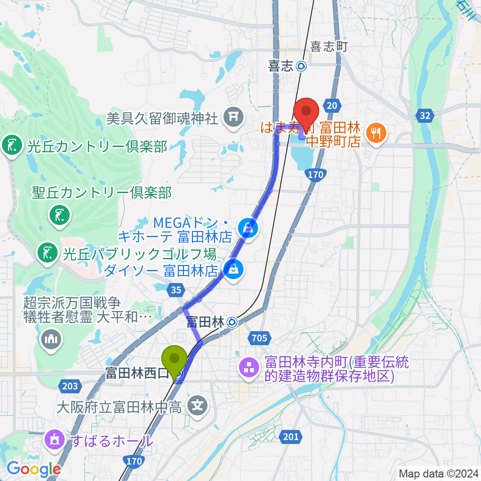 富田林西口駅から富田林市市民会館レインボーホールへのルートマップ地図