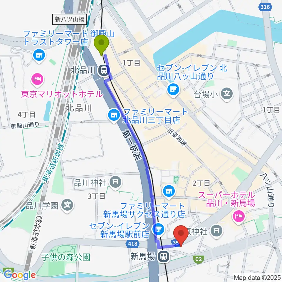 北品川駅から六行会ホールへのルートマップ地図