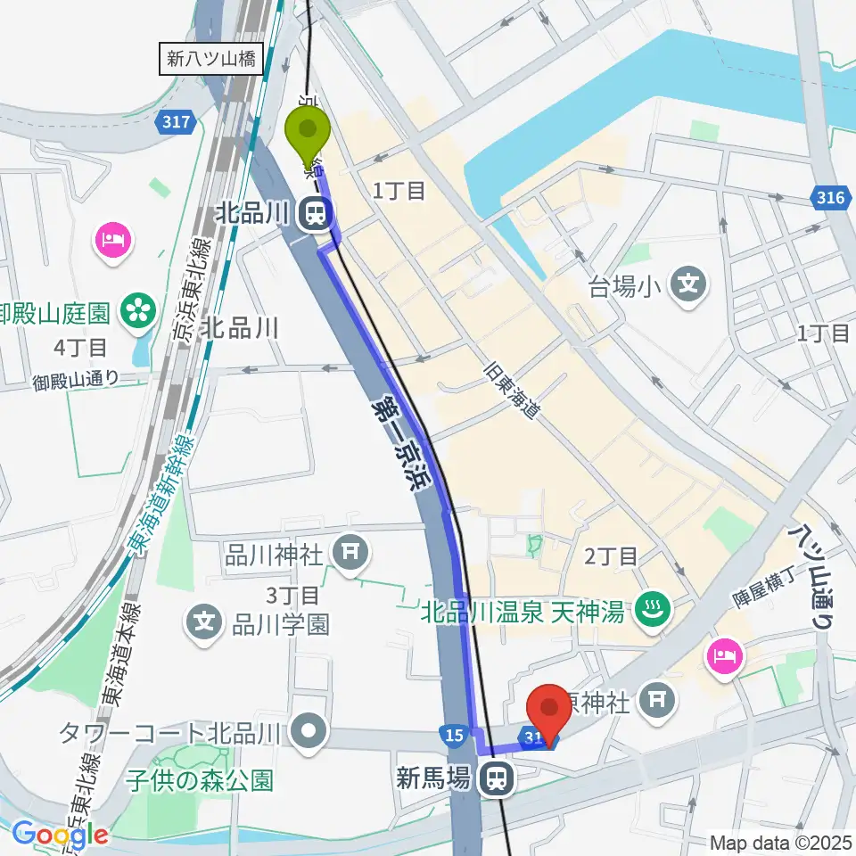 北品川駅から六行会ホールへのルートマップ地図