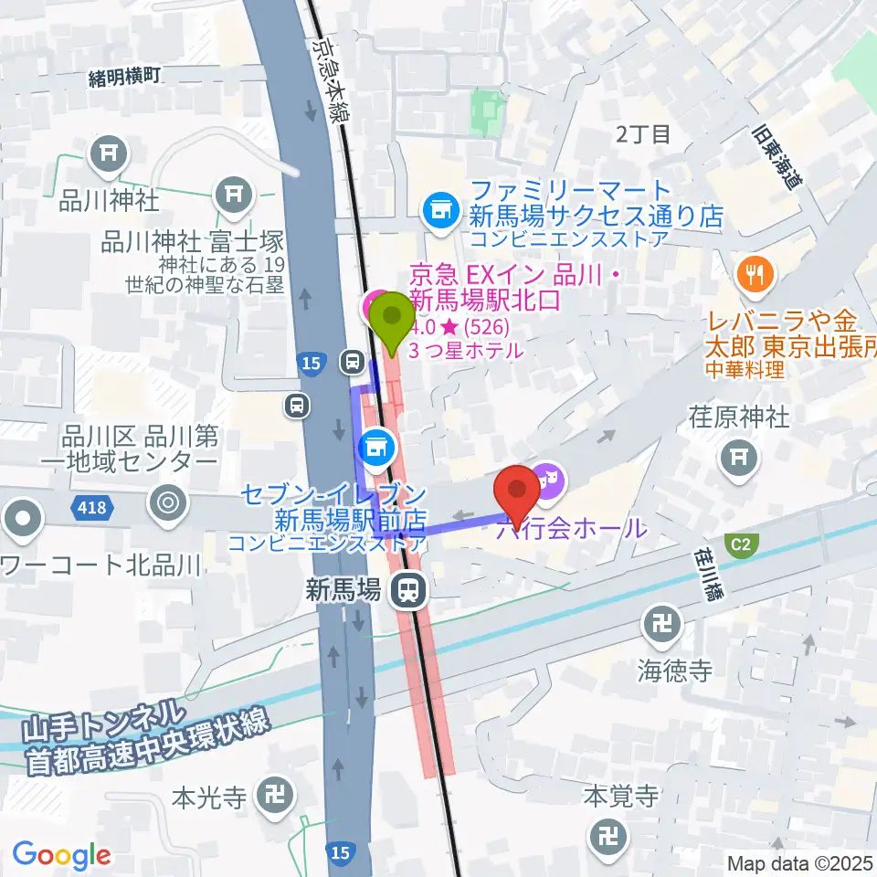 六行会ホールの最寄駅新馬場駅からの徒歩ルート（約2分）地図